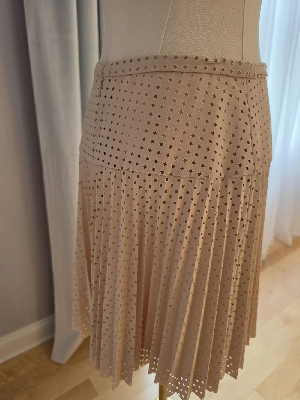 J. Crew Beige Laser-Cut Pleated Midi Skirt